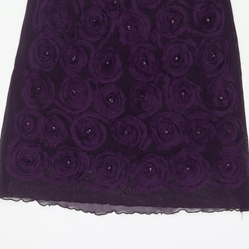 Purple Women Purple M Shift Knee Length Floral Rosette Beaded Party Dress