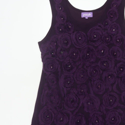 Purple Women Purple M Shift Knee Length Floral Rosette Beaded Party Dress
