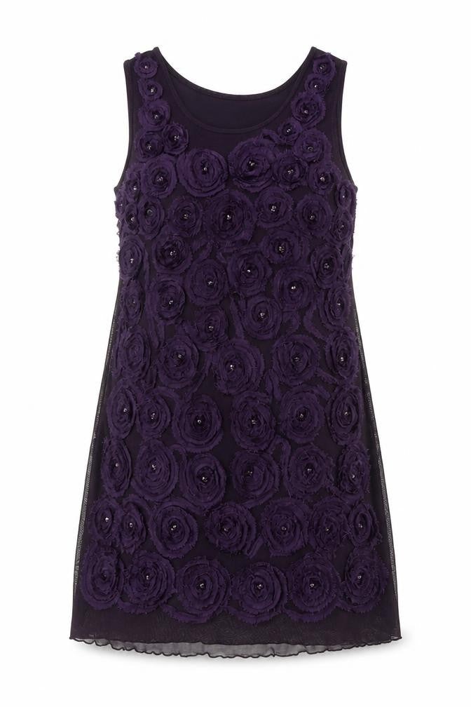 Purple Women Purple M Shift Knee Length Floral Rosette Beaded Party Dress
