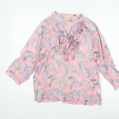 Cotton Traders Women Pink Floral Ruffle V-Neck Tunic Blouse UK 14