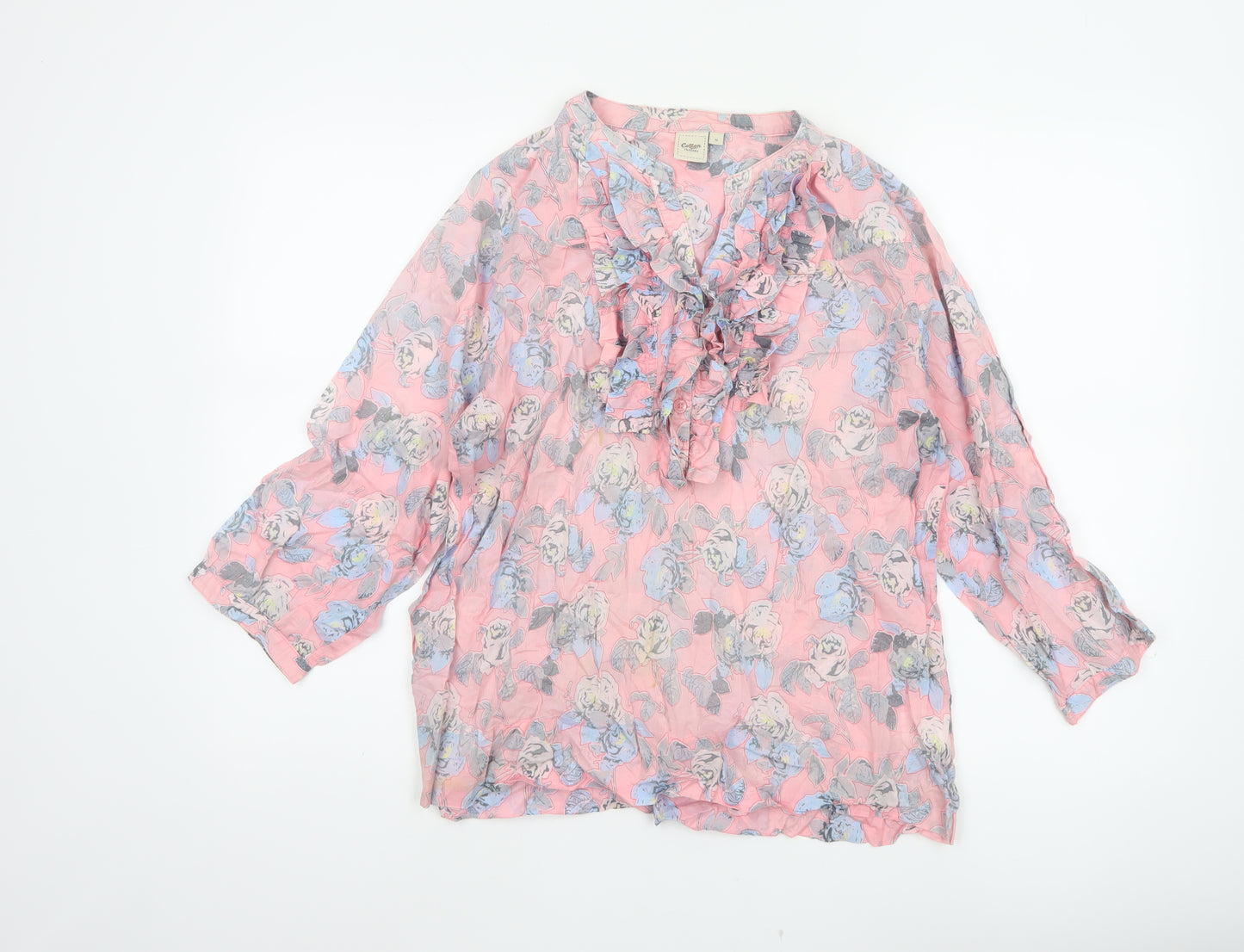 Cotton Traders Women Pink Floral Ruffle V-Neck Tunic Blouse UK 14