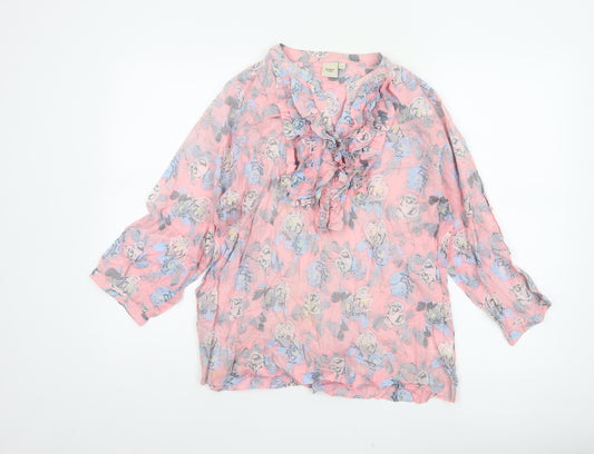 Cotton Traders Women Pink Floral Ruffle V-Neck Tunic Blouse UK 14