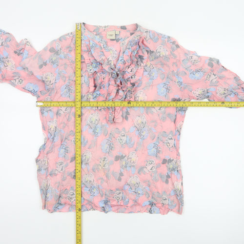 Cotton Traders Women Pink Floral Ruffle V-Neck Tunic Blouse UK 14