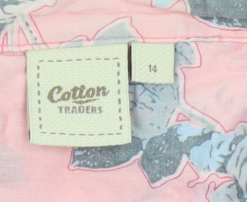 Cotton Traders Women Pink Floral Ruffle V-Neck Tunic Blouse UK 14