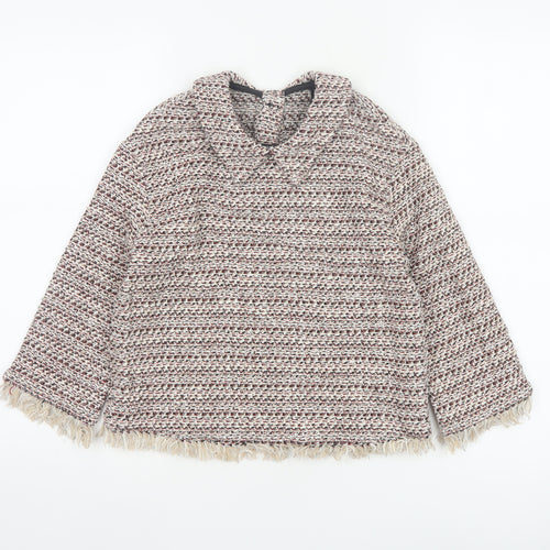 Zara Women Multicoloured XS Tweed Fringe Collared Long Sleeve Blouse
