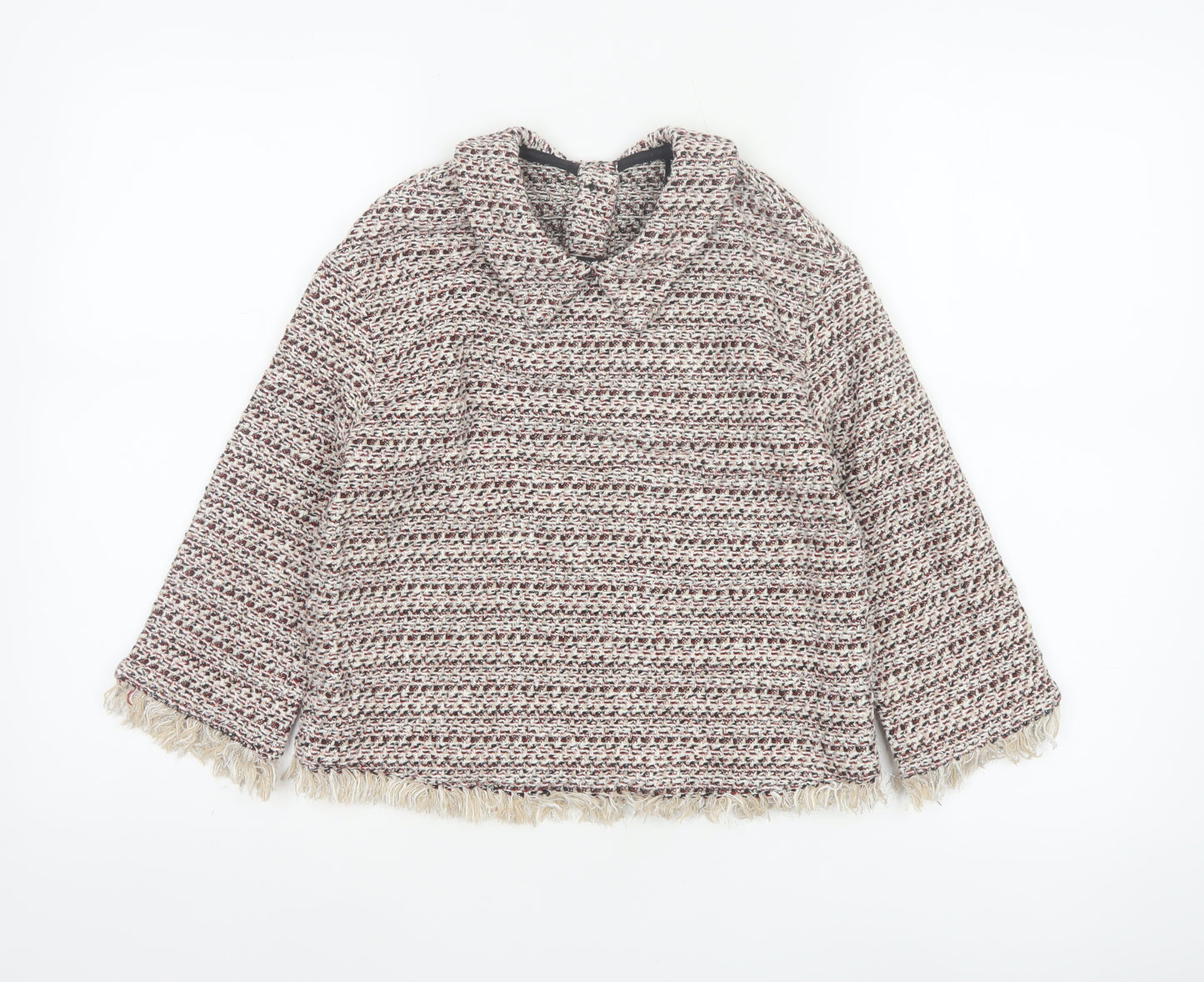 Zara Women Multicoloured XS Tweed Fringe Collared Long Sleeve Blouse