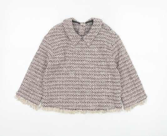 Zara Women Multicoloured XS Tweed Fringe Collared Long Sleeve Blouse