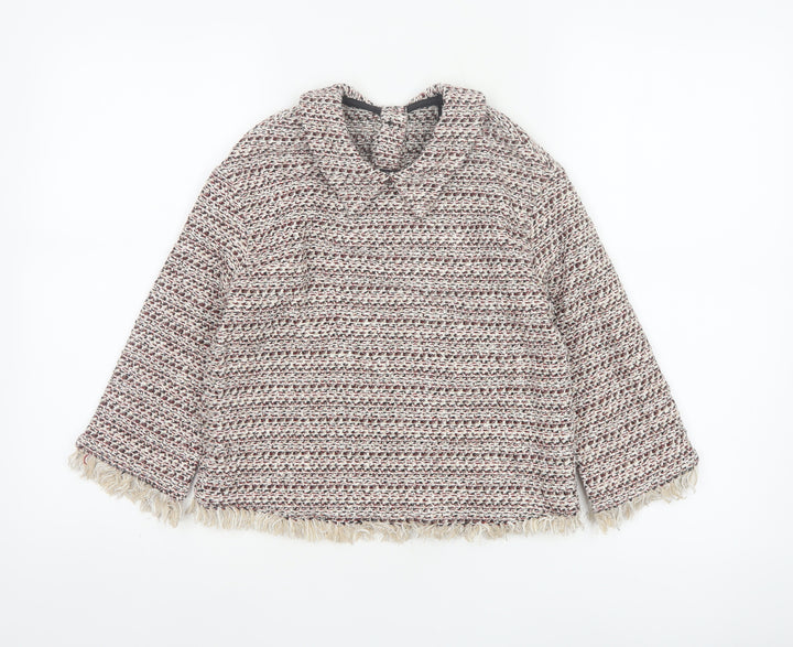 Zara Women Multicoloured XS Tweed Fringe Collared Long Sleeve Blouse