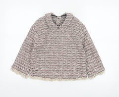 Zara Women Multicoloured XS Tweed Fringe Collared Long Sleeve Blouse