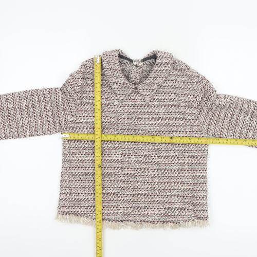 Zara Women Multicoloured XS Tweed Fringe Collared Long Sleeve Blouse