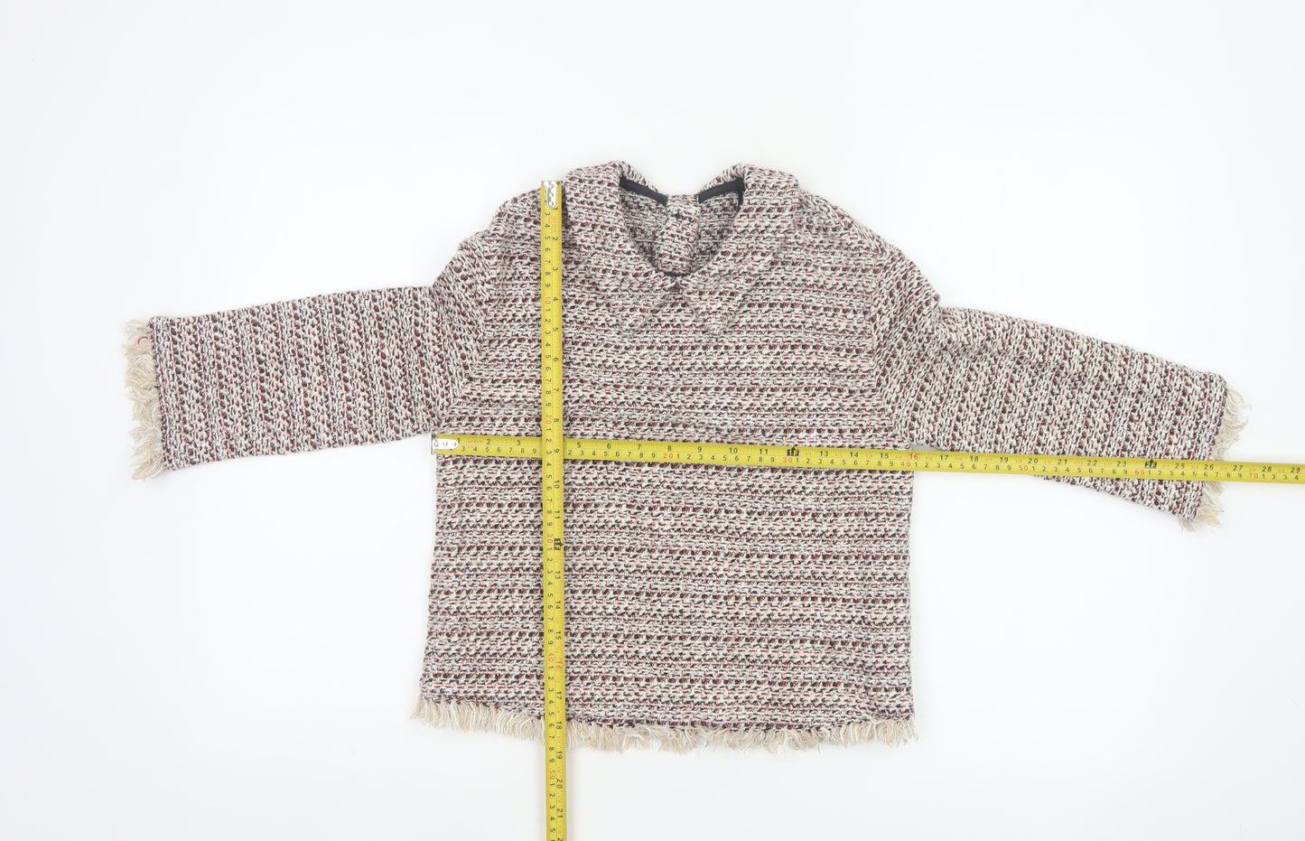 Zara Women Multicoloured XS Tweed Fringe Collared Long Sleeve Blouse