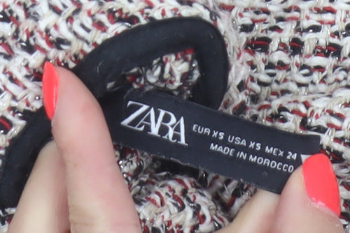 Zara Women Multicoloured XS Tweed Fringe Collared Long Sleeve Blouse