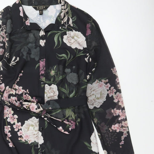 Lipsy Women Black Floral Belted Shirt Dress UK 8 Knee Length