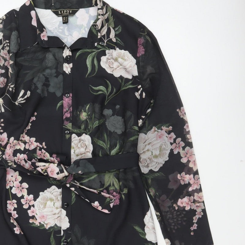 Lipsy Women Black Floral Belted Shirt Dress UK 8 Knee Length