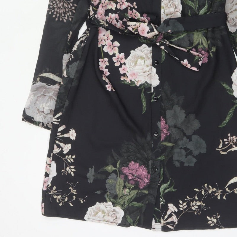 Lipsy Women Black Floral Belted Shirt Dress UK 8 Knee Length