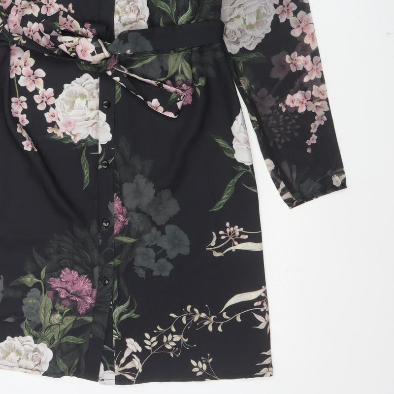 Lipsy Women Black Floral Belted Shirt Dress UK 8 Knee Length
