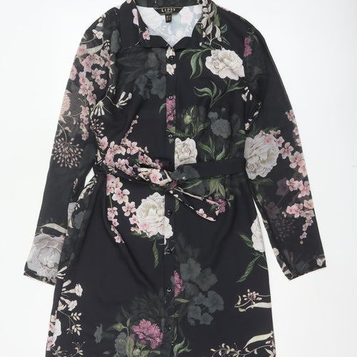 Lipsy Women Black Floral Belted Shirt Dress UK 8 Knee Length