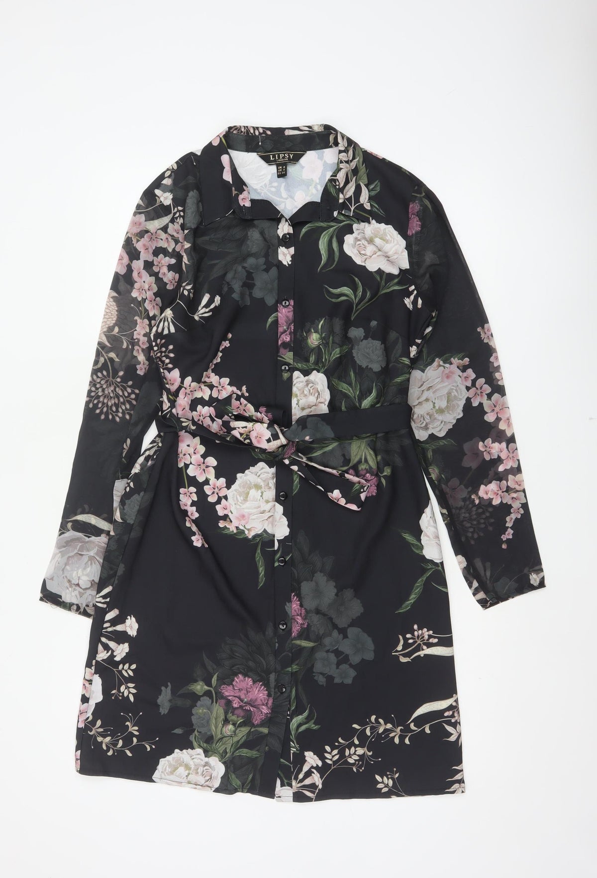 Lipsy Women Black Floral Belted Shirt Dress UK 8 Knee Length