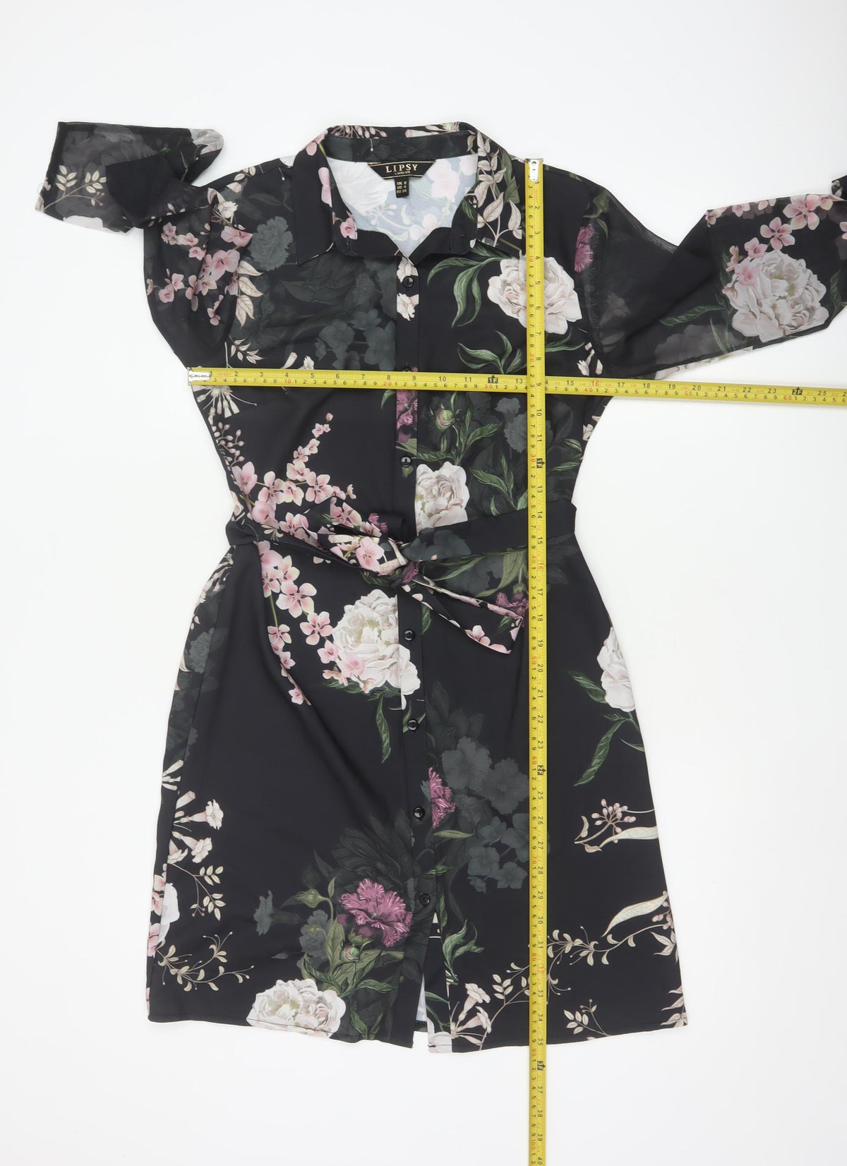 Lipsy Women Black Floral Belted Shirt Dress UK 8 Knee Length