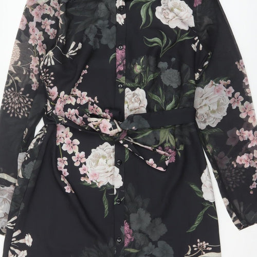 Lipsy Women Black Floral Belted Shirt Dress UK 8 Knee Length