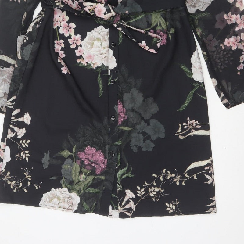 Lipsy Women Black Floral Belted Shirt Dress UK 8 Knee Length