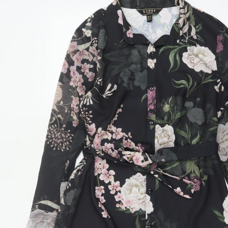 Lipsy Women Black Floral Belted Shirt Dress UK 8 Knee Length