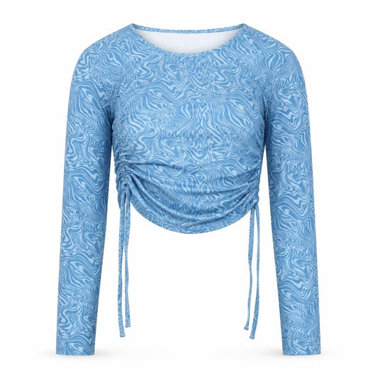 Front view of Urban Outfitters Women Blue S Cropped Ruched Long Sleeve Blouse