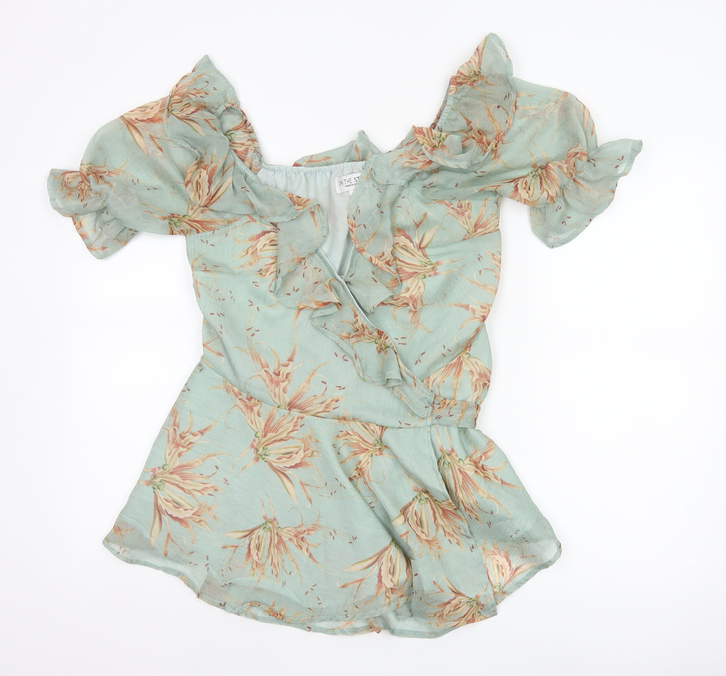 In The Style Women Green UK 10 Floral Wrap Ruffle Off Shoulder Blouse