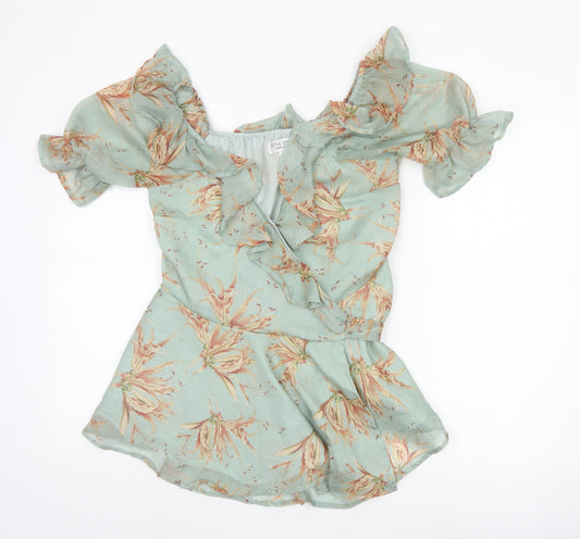 In The Style Women Green UK 10 Floral Wrap Ruffle Off Shoulder Blouse