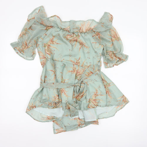 In The Style Women Green UK 10 Floral Wrap Ruffle Off Shoulder Blouse