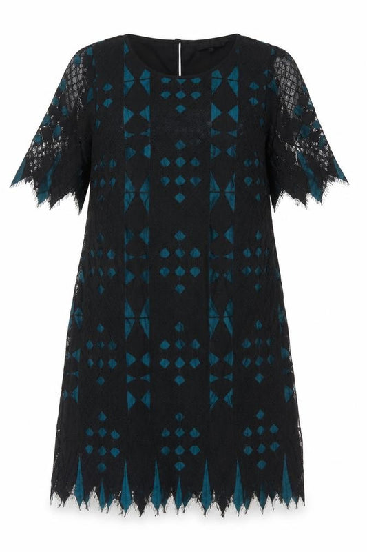 Front view of Principles Ben de Lisi Women Black Teal UK 14 Lace Shift Party Dress