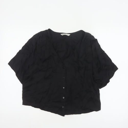 Stradivarius Women Black S V-Neck Short Sleeve Button-Up Blouse