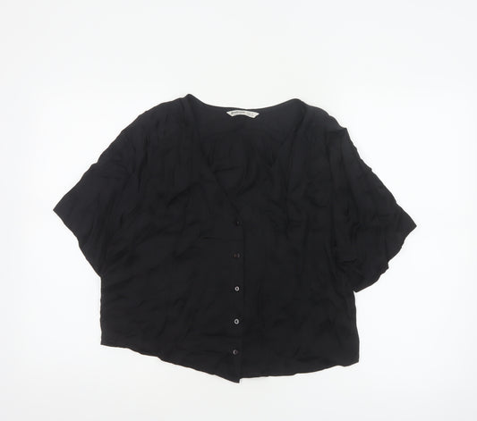 Stradivarius Women Black S V-Neck Short Sleeve Button-Up Blouse