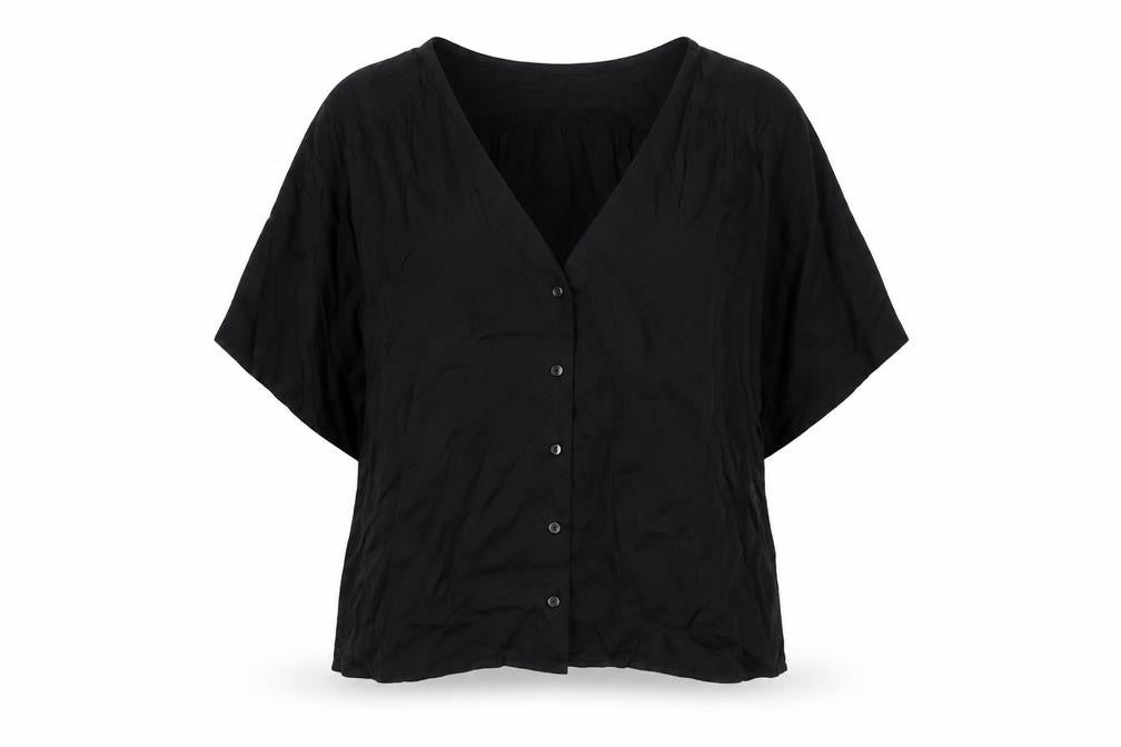 Front view of Stradivarius Women Black S V-Neck Short Sleeve Button-Up Blouse