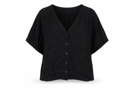 Front view of Stradivarius Women Black S V-Neck Short Sleeve Button-Up Blouse