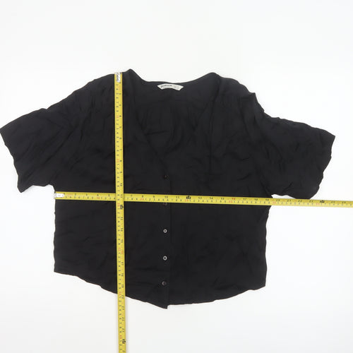 Stradivarius Women Black S V-Neck Short Sleeve Button-Up Blouse