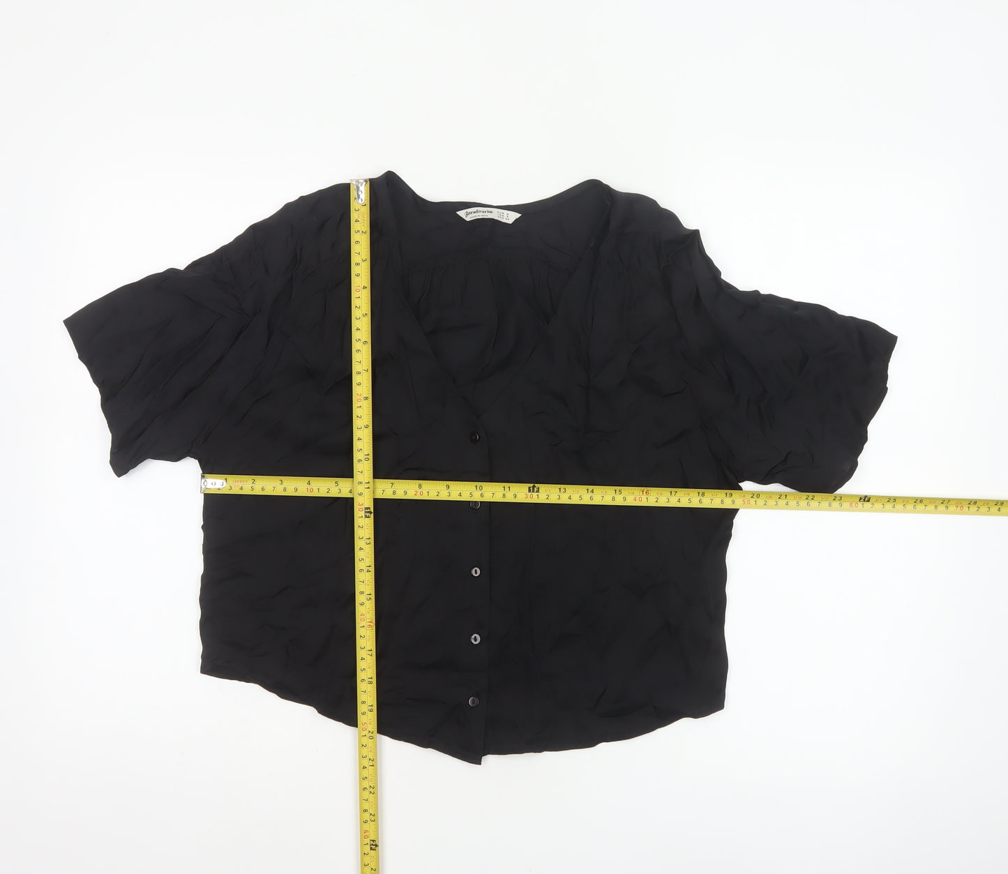 Stradivarius Women Black S V-Neck Short Sleeve Button-Up Blouse