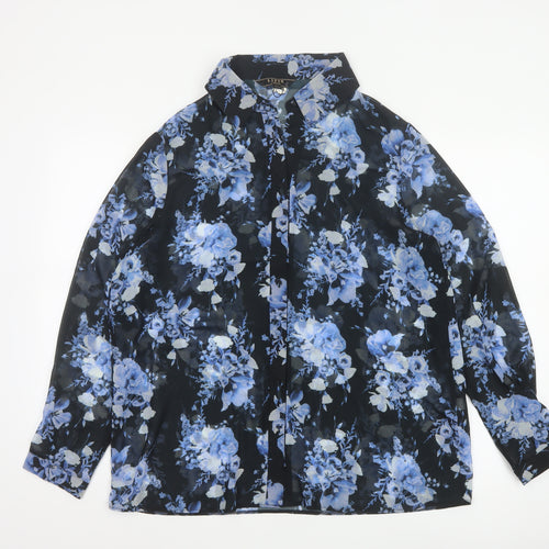 Lipsy London Women’s Black Blue Floral Chiffon Button-Up Blouse UK 14