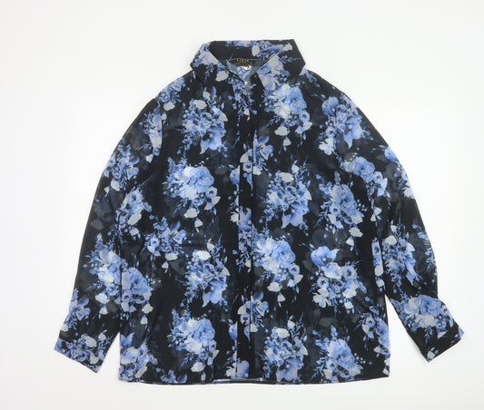 Lipsy London Women’s Black Blue Floral Chiffon Button-Up Blouse UK 14