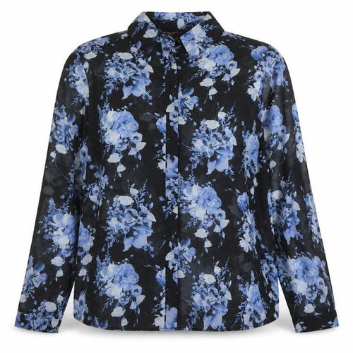Lipsy London Women’s Black Blue Floral Chiffon Button-Up Blouse UK 14