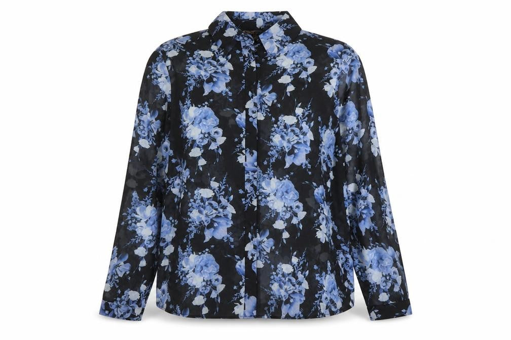 Lipsy London Women’s Black Blue Floral Chiffon Button-Up Blouse UK 14