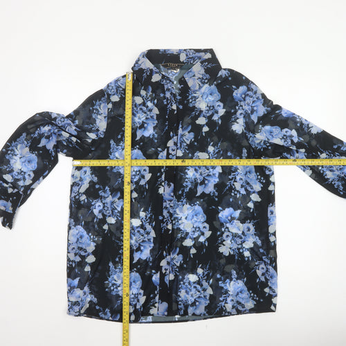 Lipsy London Women’s Black Blue Floral Chiffon Button-Up Blouse UK 14