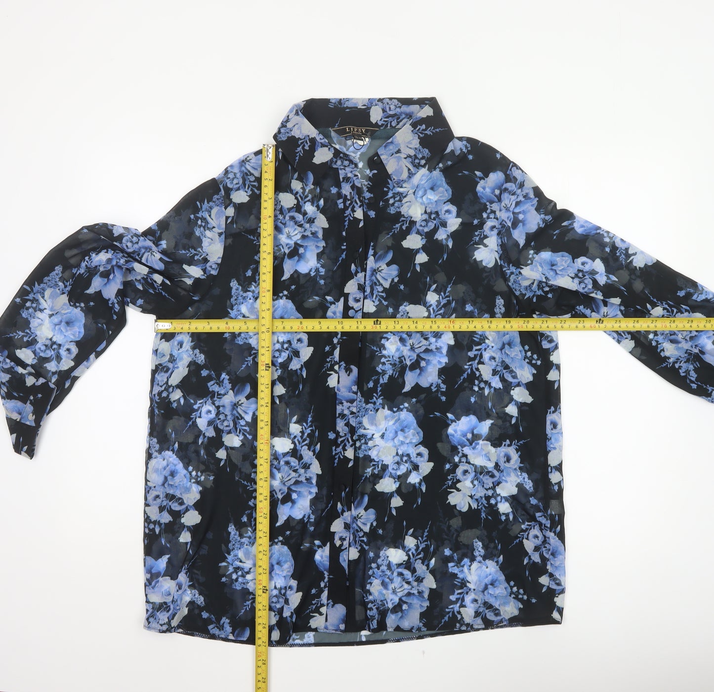 Lipsy London Women’s Black Blue Floral Chiffon Button-Up Blouse UK 14