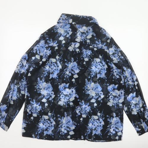 Lipsy London Women’s Black Blue Floral Chiffon Button-Up Blouse UK 14