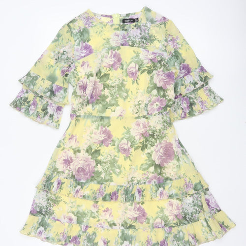 Boohoo Women Yellow Floral UK 10 Fit & Flare Chiffon Ruffle Dress