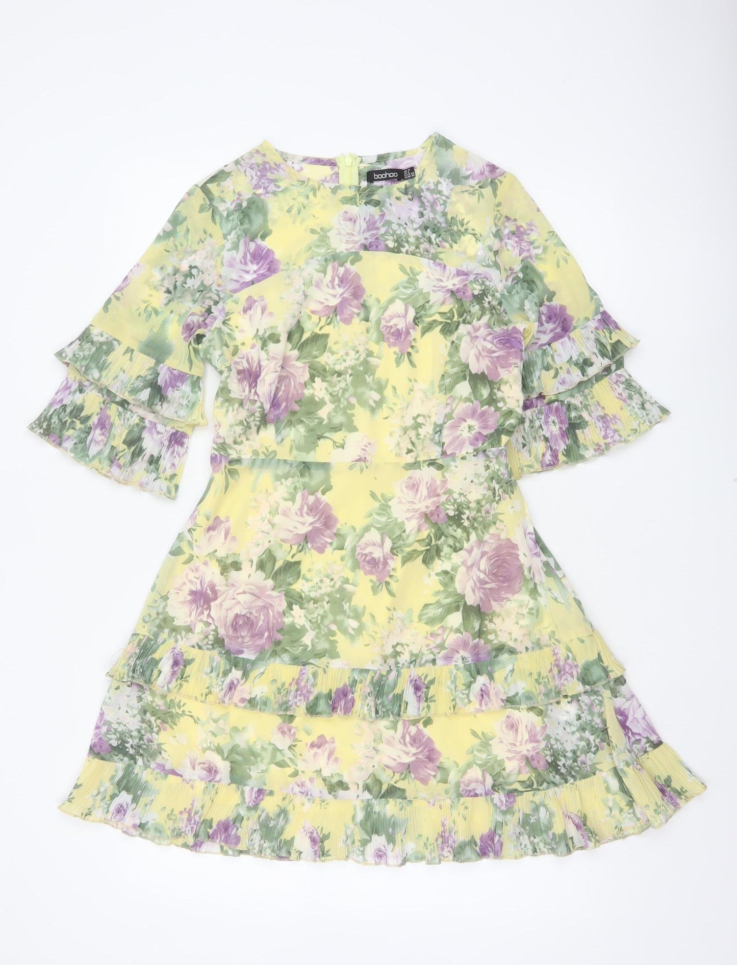 Boohoo Women Yellow Floral UK 10 Fit & Flare Chiffon Ruffle Dress