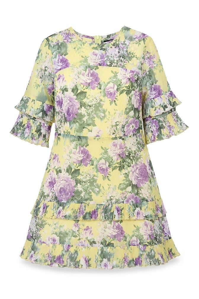 Boohoo Women Yellow Floral UK 10 Fit & Flare Chiffon Ruffle Dress
