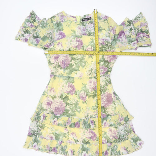 Boohoo Women Yellow Floral UK 10 Fit & Flare Chiffon Ruffle Dress