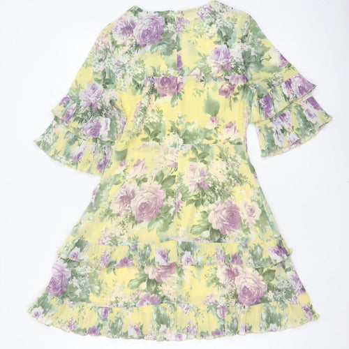 Boohoo Women Yellow Floral UK 10 Fit & Flare Chiffon Ruffle Dress