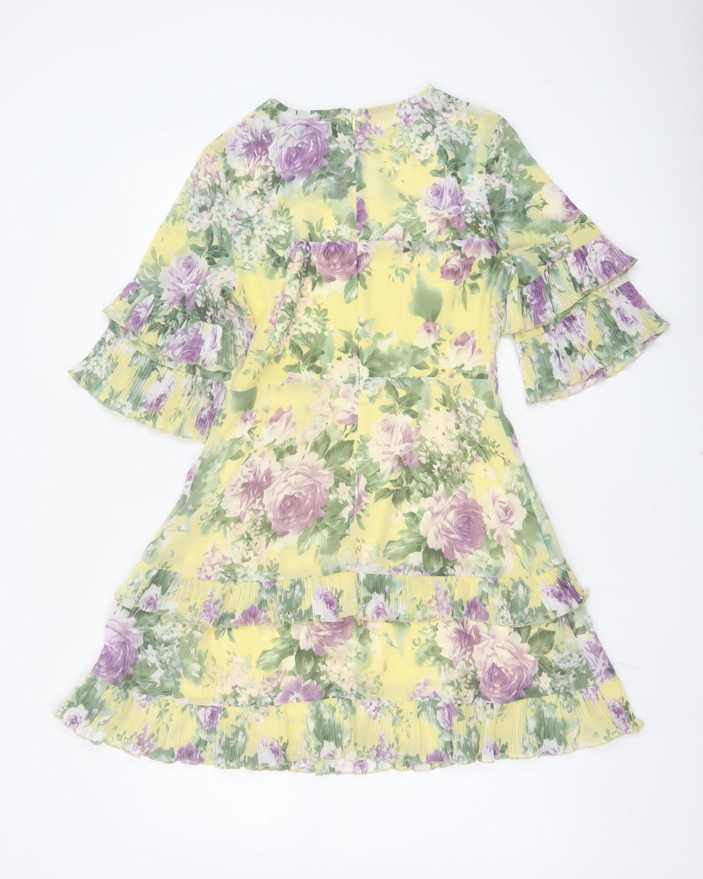 Boohoo Women Yellow Floral UK 10 Fit & Flare Chiffon Ruffle Dress